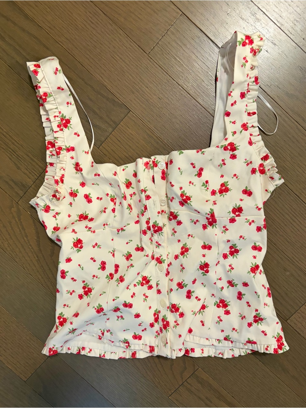 Zara Stretch poplin floral top red white ruffle button front Size S